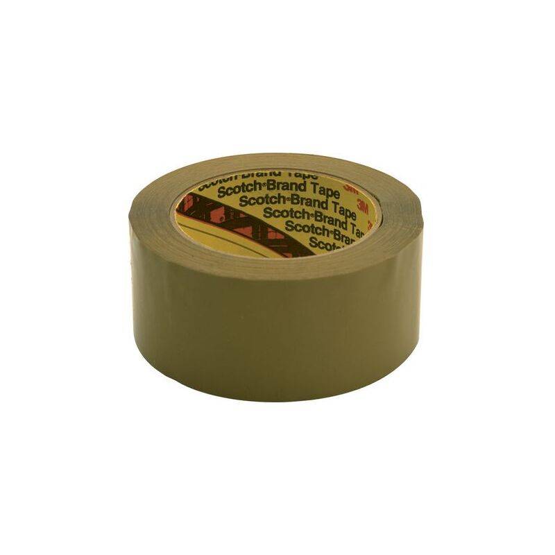Eine Rolle brauner Scotch-Marken-Paketklebeband auf weißem Hintergrund.