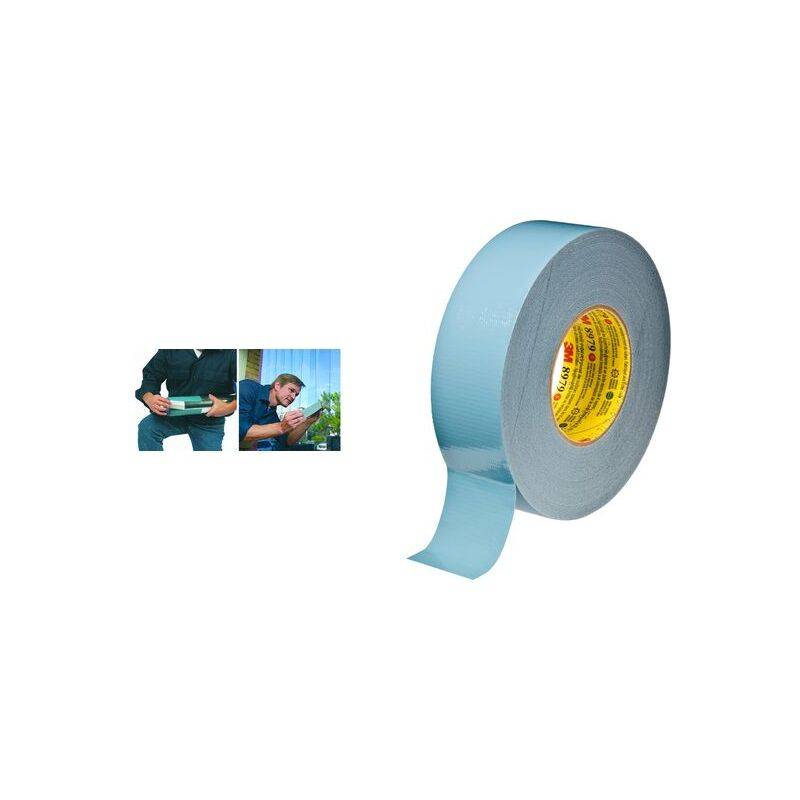 Eine Rolle silberfarbenes Klebeband neben zwei kleinen Bildern, die eine Person zeigen, wie sie einen Karton mit Klebeband versiegelt, und eine andere, die Klebeband auf einer Oberfläche anbringt.