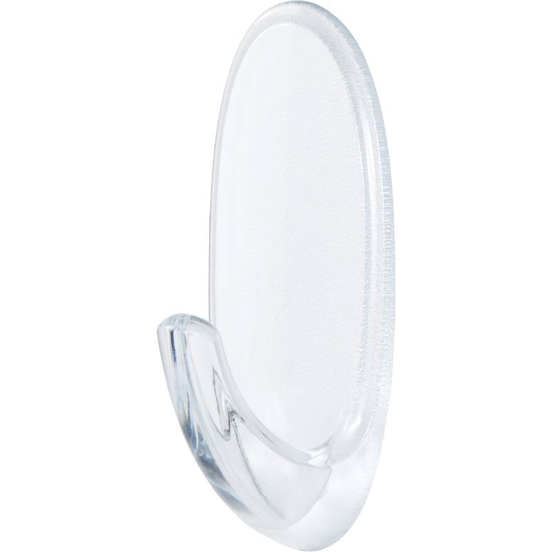 Ein klarer, wandmontierter Klebehaken, der zum Aufhängen leichter Gegenstände konzipiert ist und in einer Seitenansicht sein einfaches, schlankes Design hervorhebt.