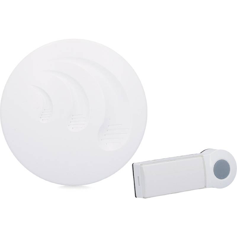 Ein weißes drahtloses Türklingel-Set mit einer runden Klingeleinheit, die Wellenmuster aufweist, und einem rechteckigen Klingelknopf.