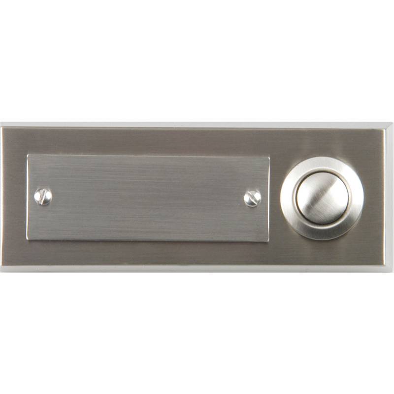 Ein schlanker rechteckiger Türklingel mit gebürstetem Metallffinish und einem kreisförmigen Knopf auf der rechten Seite.