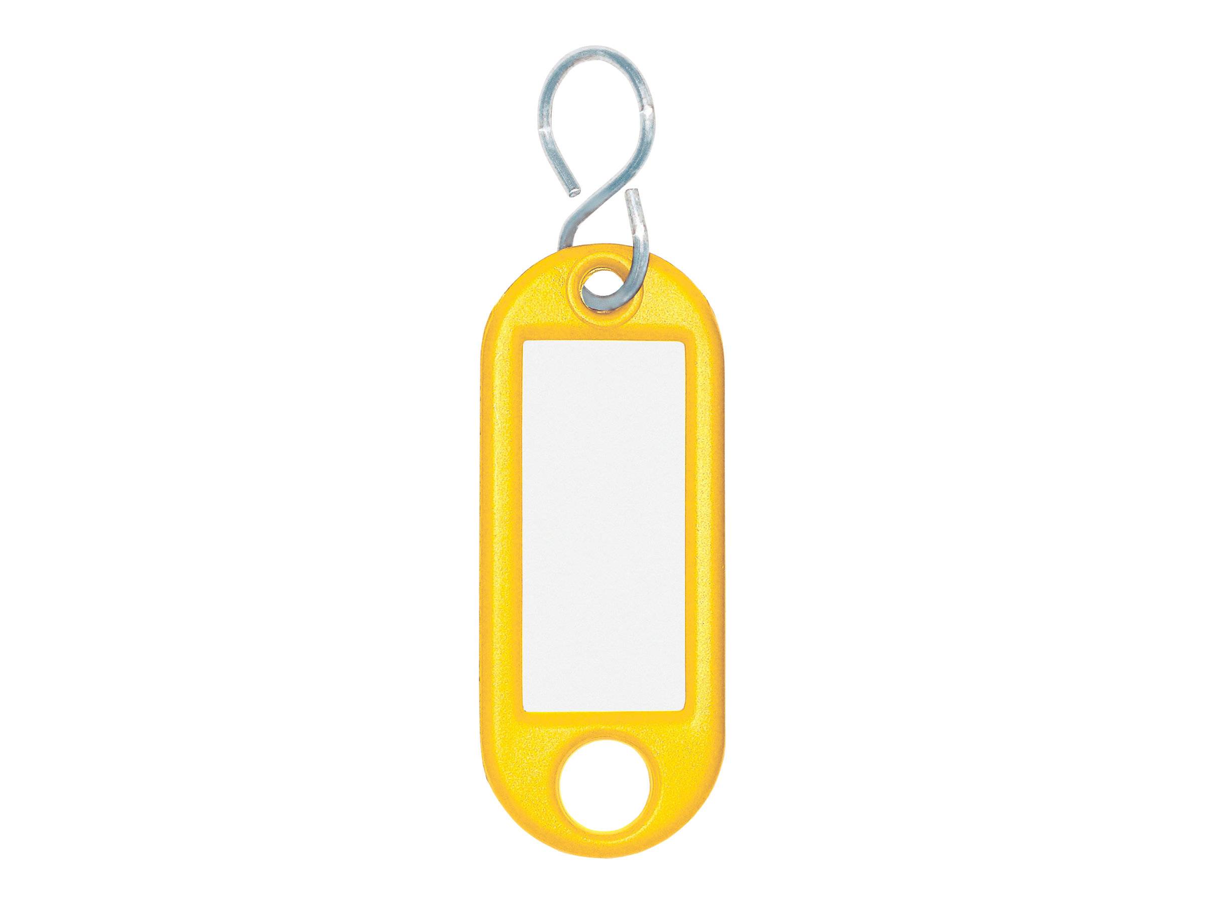 Ein gelber Schlüsselanhänger mit einem Metallhaken und einem leeren weißen Etikett.