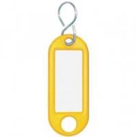 Gelber Schlüsselanhänger mit einem Metallhaken und einer leeren weißen Beschriftungsfläche zum Beschriften.