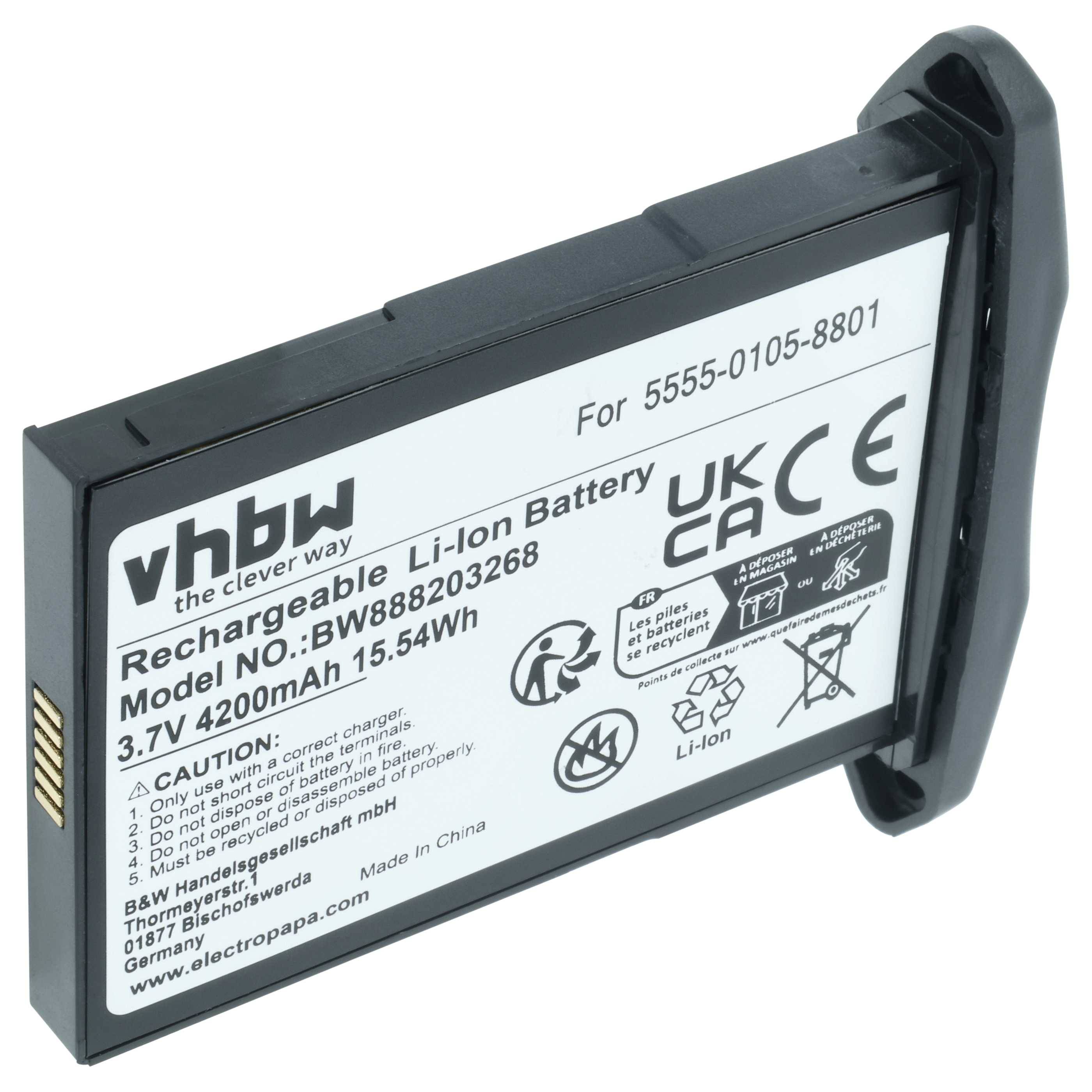 Aufladbare Li-Ion-Batterie mit Bezeichnung 'vhbw', Modell BW888203268, 3,7V, 4200mAh, 15,54Wh, ausgestattet mit Sicherheitssymbolen und Vorsichtshinweisen.