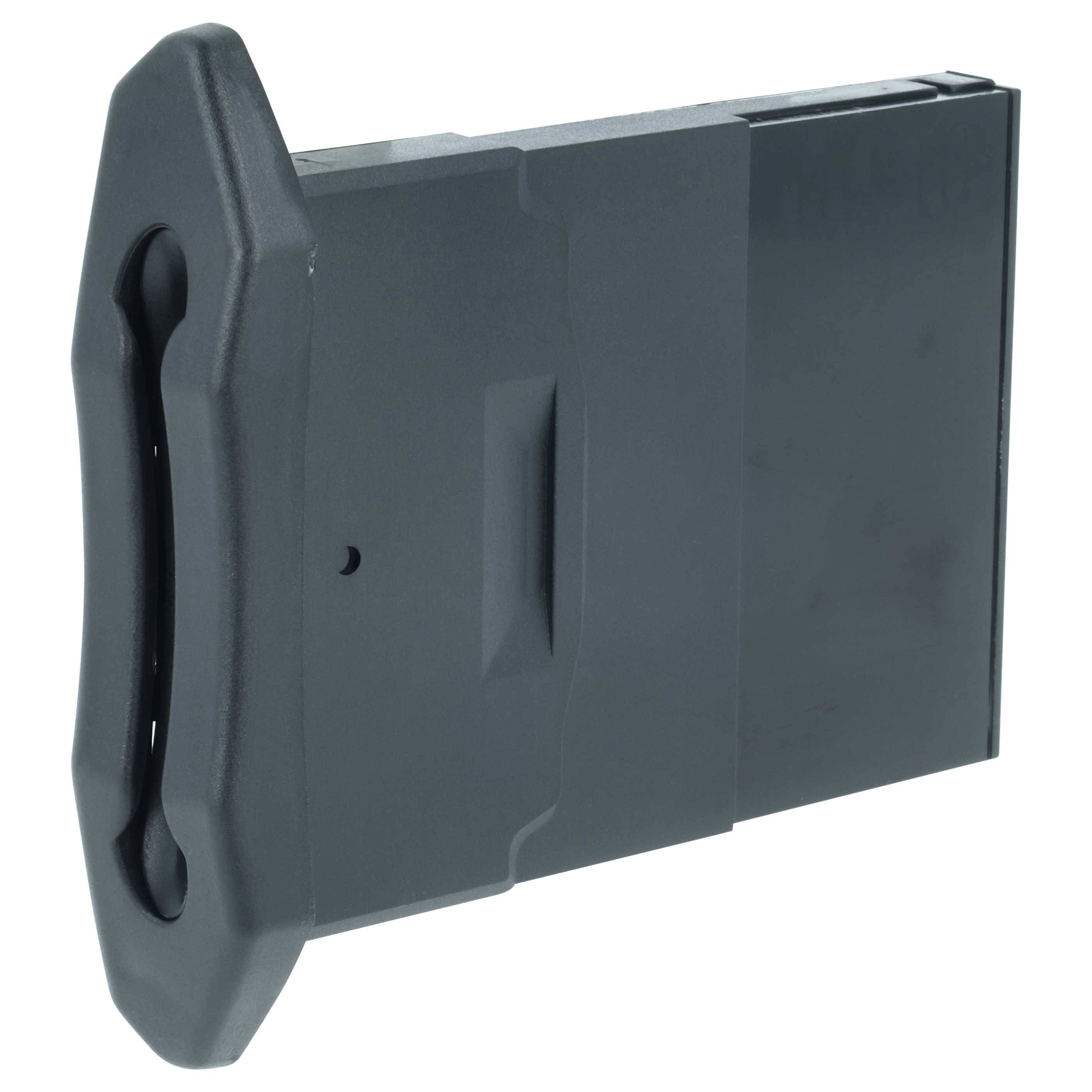 Ein schwarzer, rechteckiger Hartschalenkoffer mit einem Griff auf der linken Seite, der entwickelt wurde, um Gegenstände sicher zu halten und zu transportieren.