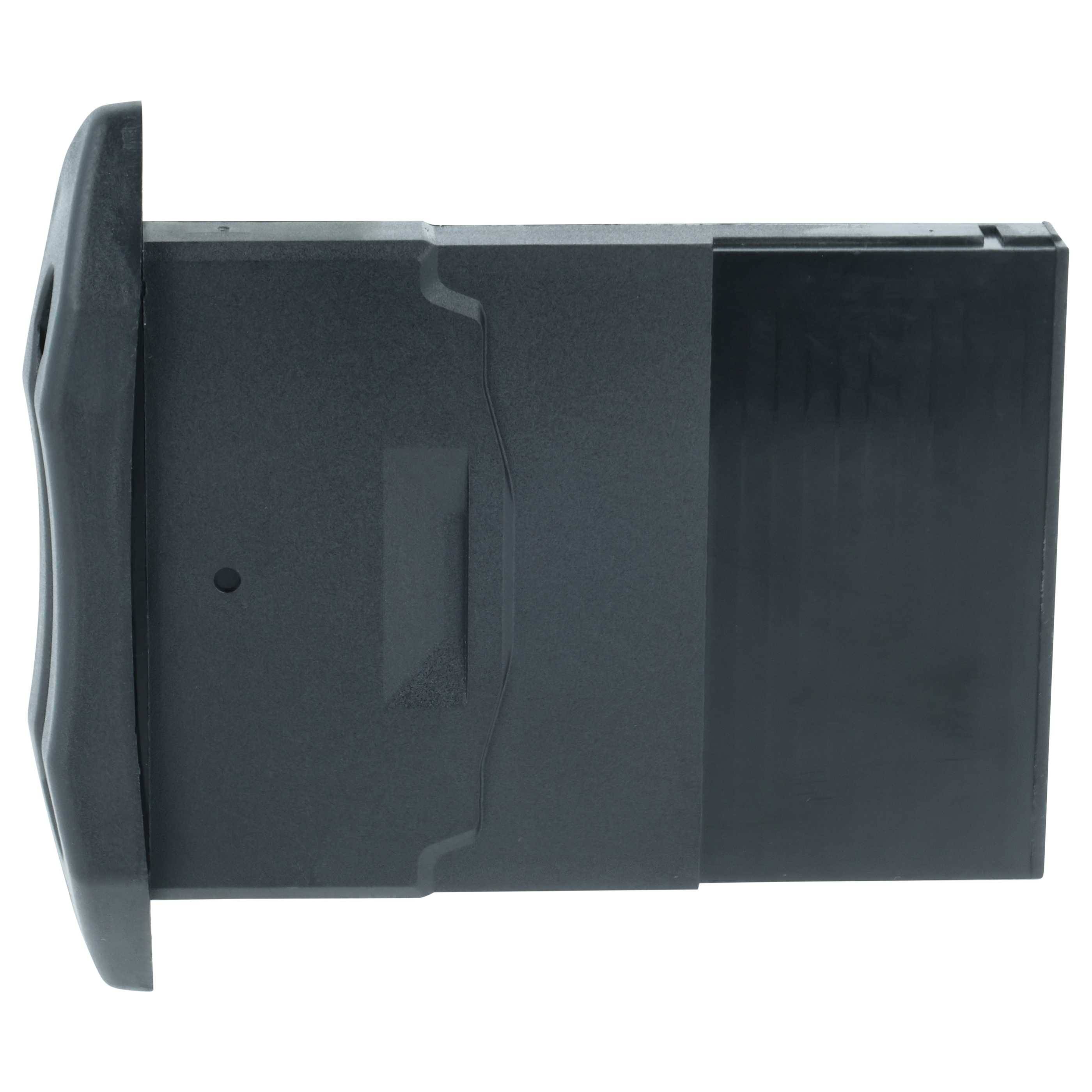 Eine rechteckige schwarze Batterie mit einem hervorstehenden Griff an der linken Seite wird gezeigt, die für elektronische Geräte entwickelt wurde und ihr kompaktes Design hervorhebt.