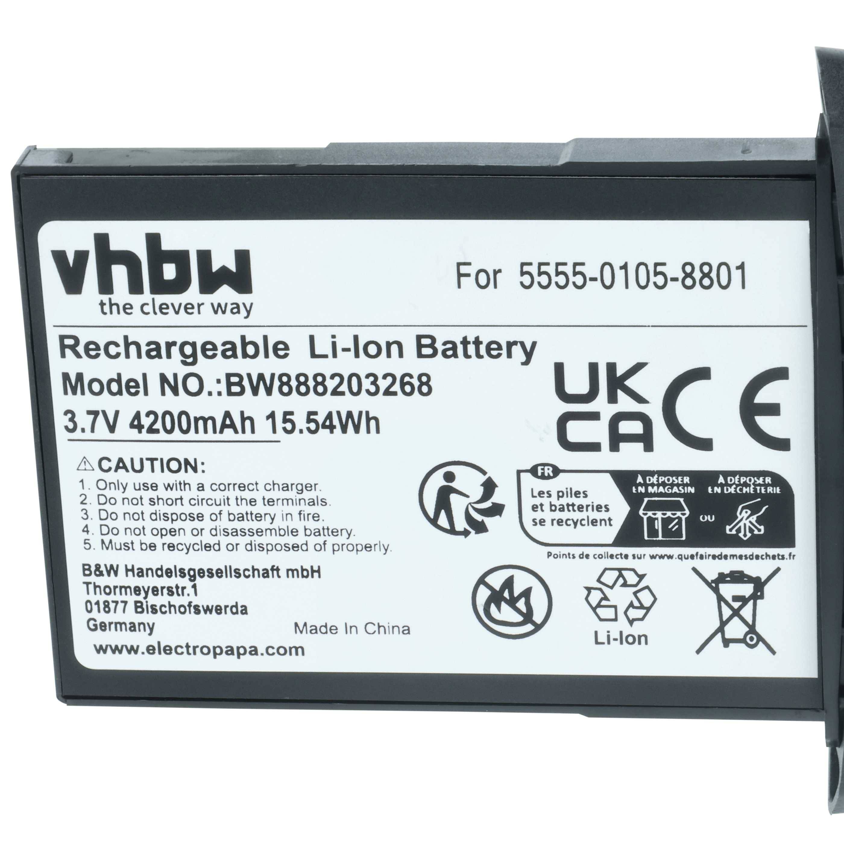 Wiederaufladbare Li-Ion-Batterie-Etikett mit Modell BW888203268, 3,7V 4200mAh 15,54Wh. Enthält Sicherheitssymbole und Recyclinginformationen.