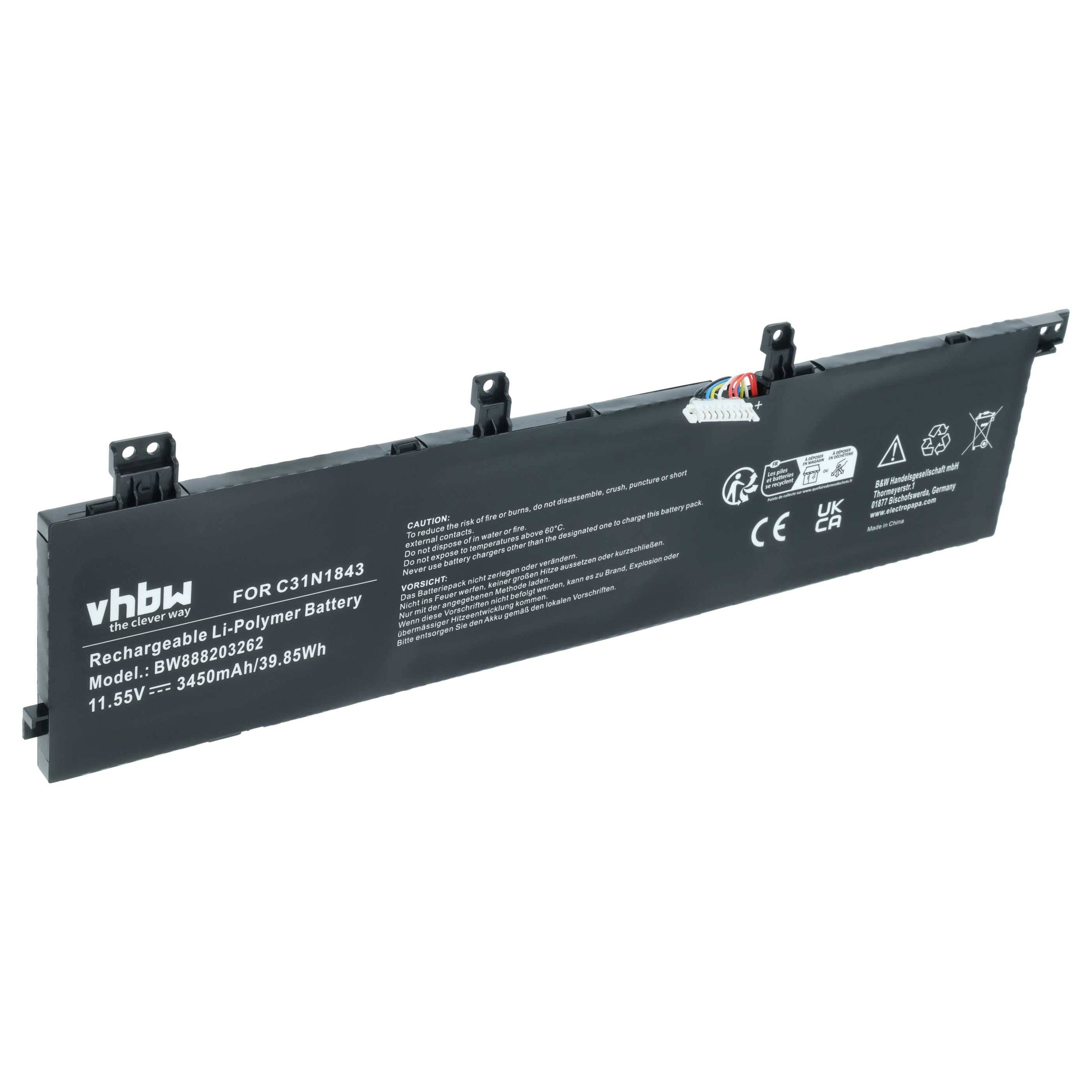 vhbw Akku kompatibel mit Asus VivoBook S14 S432FL-EB023T, S432FL-EB036T, S432FL-EB026T Notebook (3450 mAh, 11,55 V, Li-Polymer)