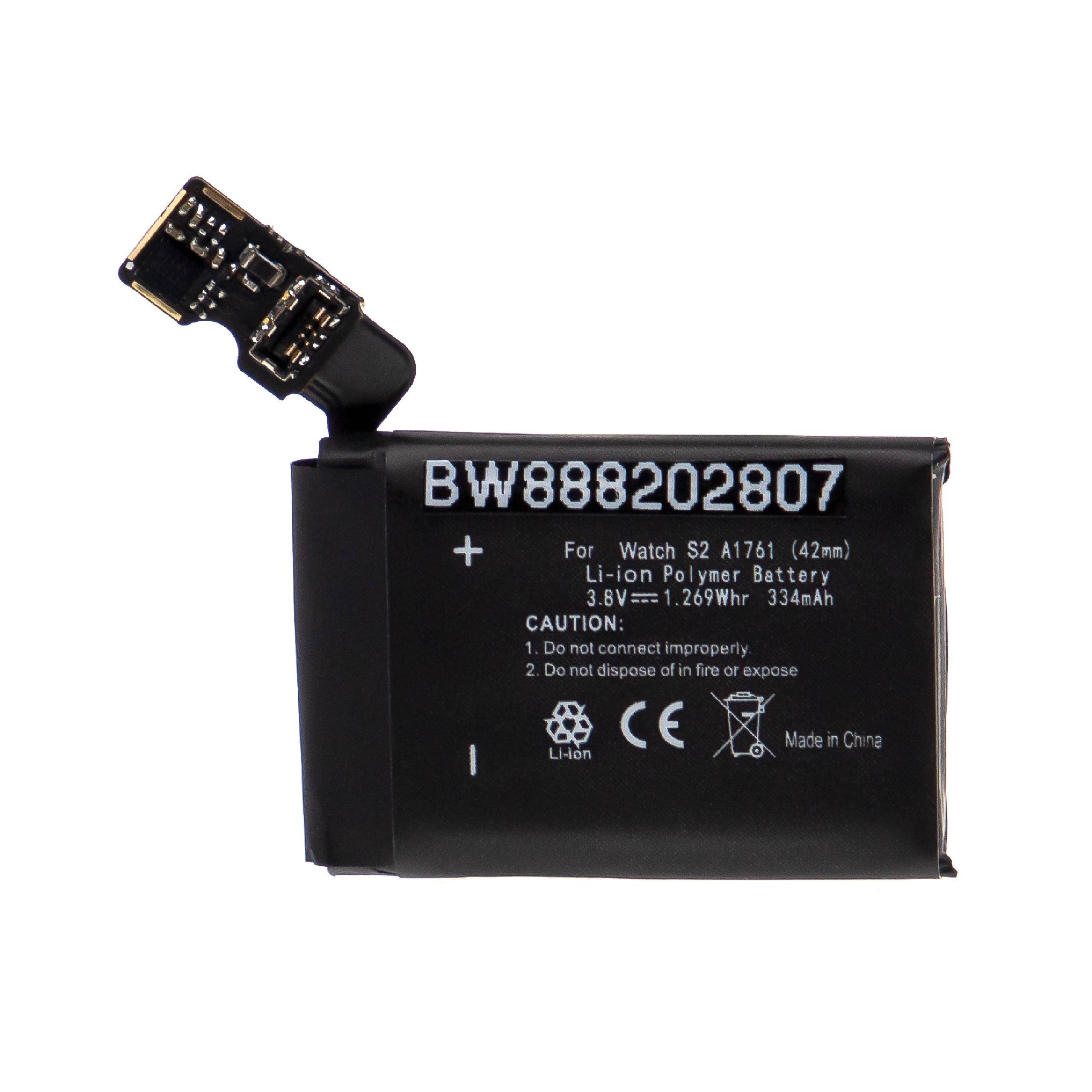 Ein rechteckiger Lithium-Polymer-Akku mit der Bezeichnung 'BW888202807' mit angeschlossener Schaltplatine. Der Text deutet auf Kompatibilität mit Watch S2 A1761 hin.