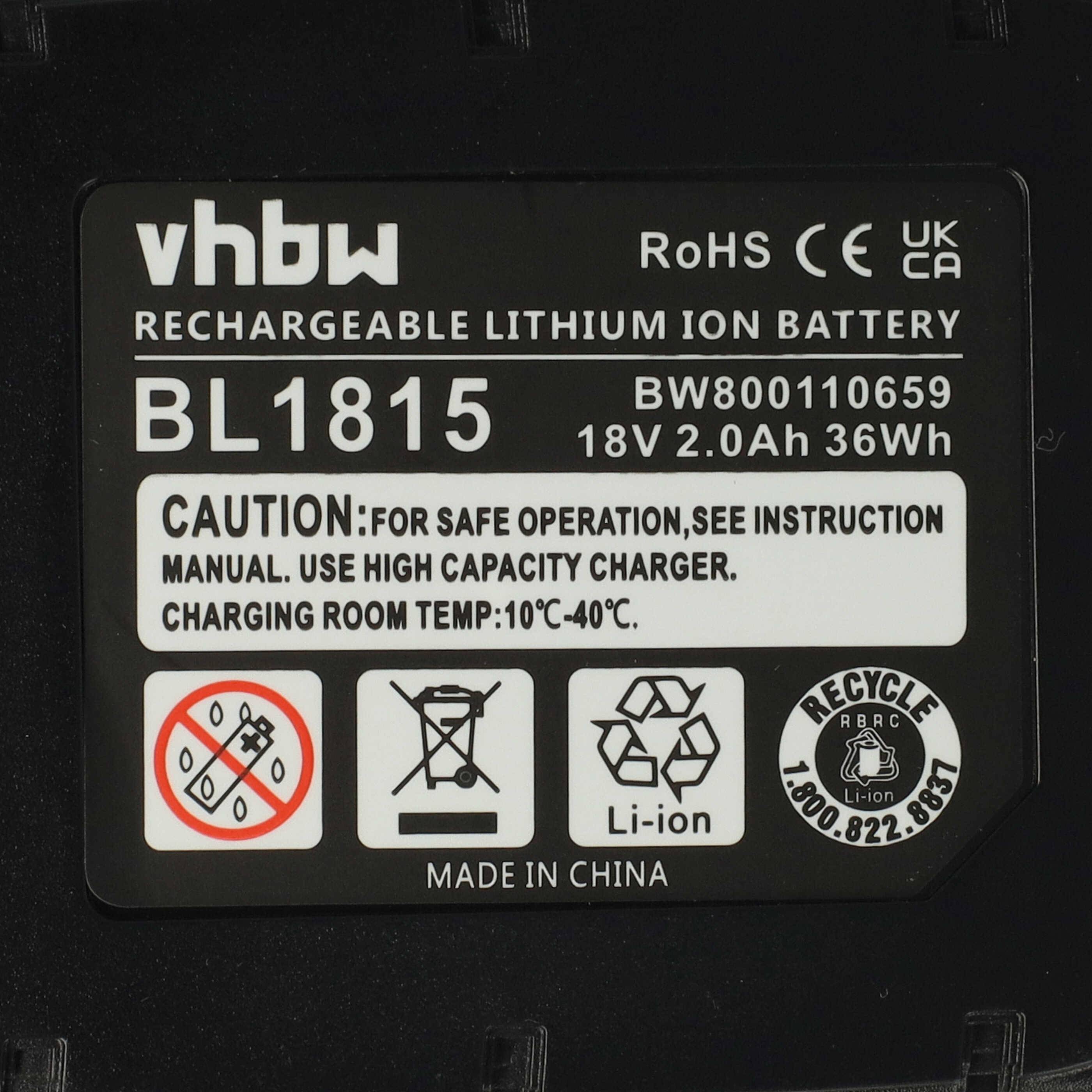 vhbw Akku kompatibel mit Makita BHP451Z, BHP451SFE, BHP452HW, BHP452, BHP452SHE, BHP452RFE Elektrowerkzeug (2000 mAh, Li-Ion, 18 V)