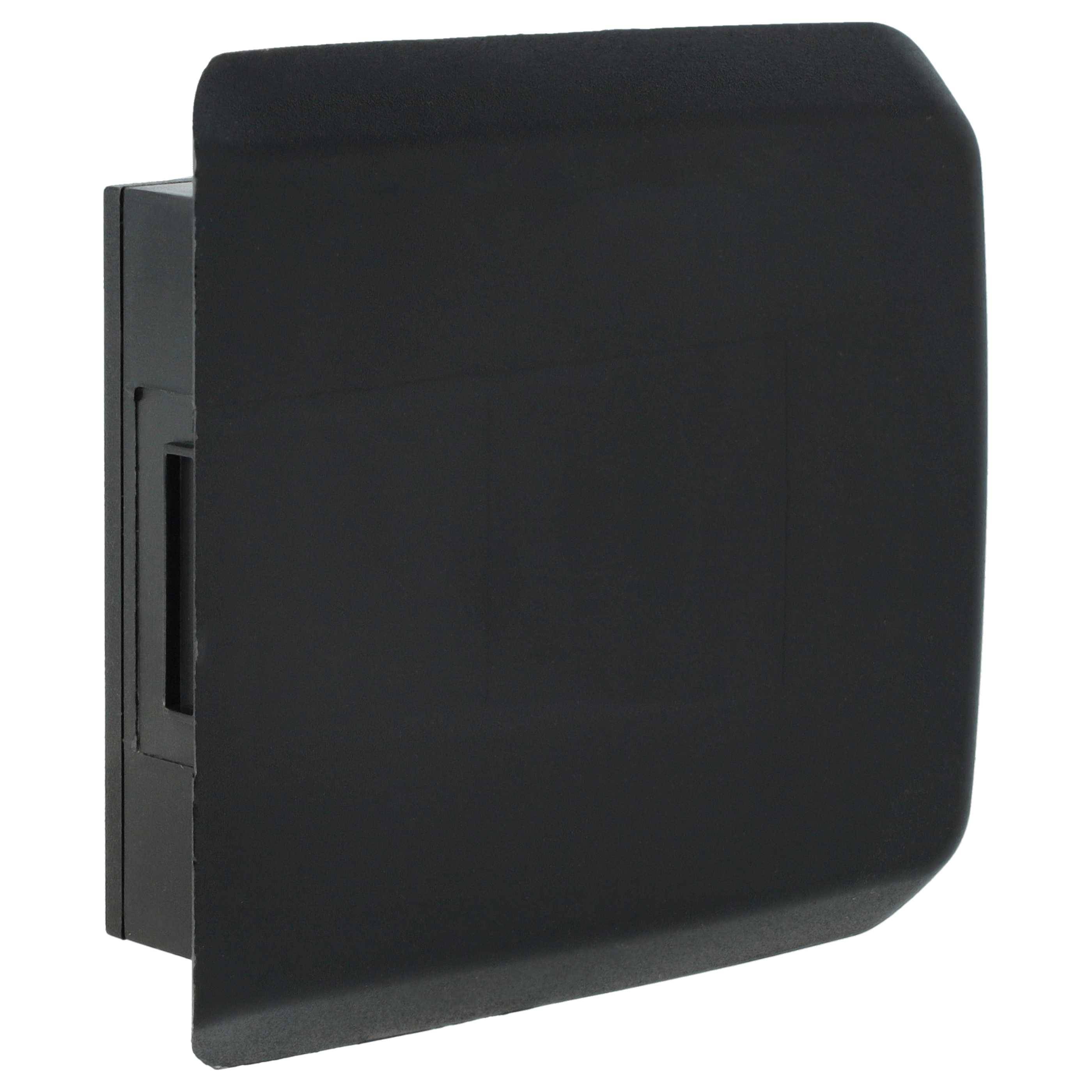 Ein schwarzes, an der Wand montiertes elektronisches Gerät mit einer flachen quadratischen Oberfläche, teilweise versenkt, möglicherweise ein Schalter oder Bedienfeld.