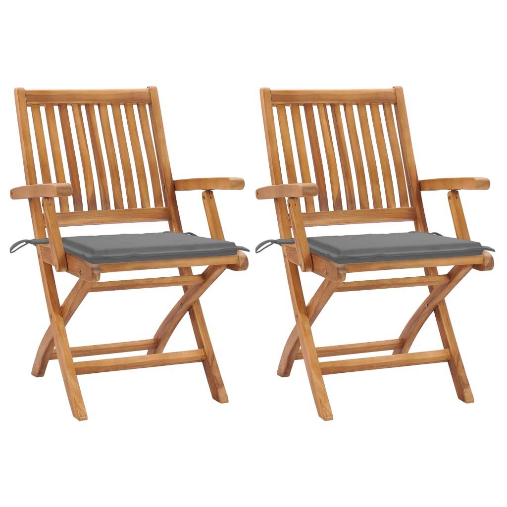 vidaXL Gartenstühle 2 Stk. mit Grauen Kissen Teak Massivholz