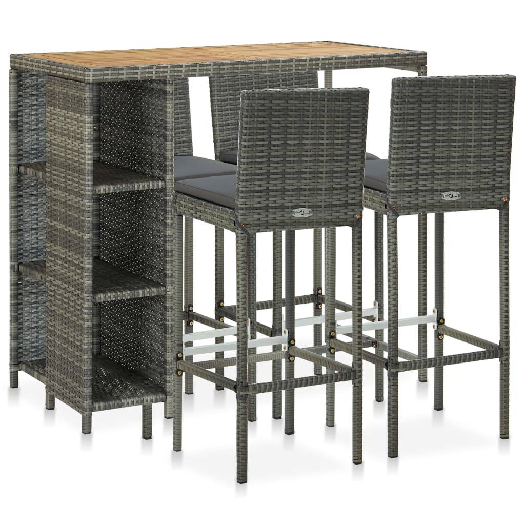 vidaXL 5-tlg. Gartenbar-Set mit Kissen Poly Rattan Grau