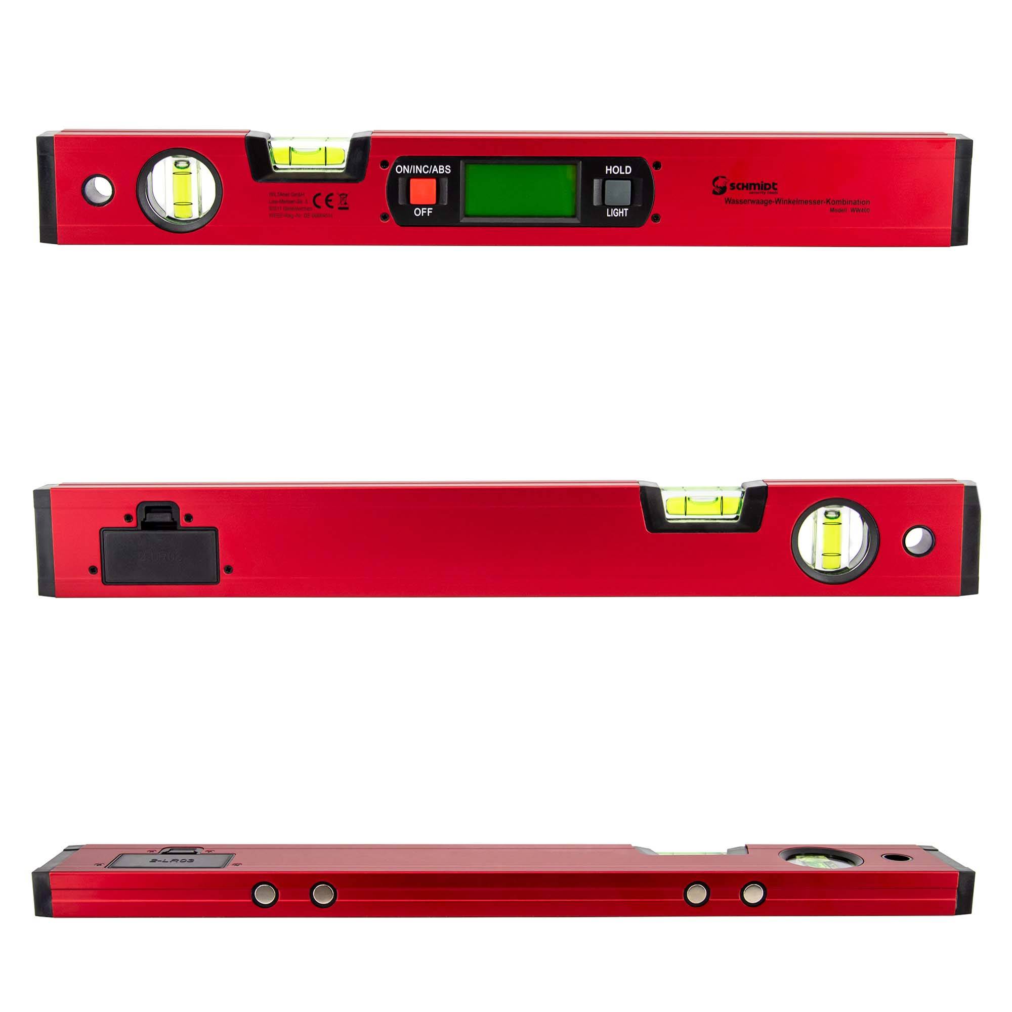 SCHMIDT security Tools Elektronik Wasserwaage Winkelmesser - Neigungsmesser - digital LCD-Anzeige - Kombimessgerät - Gradmesser-Wasserwaage - Vertik