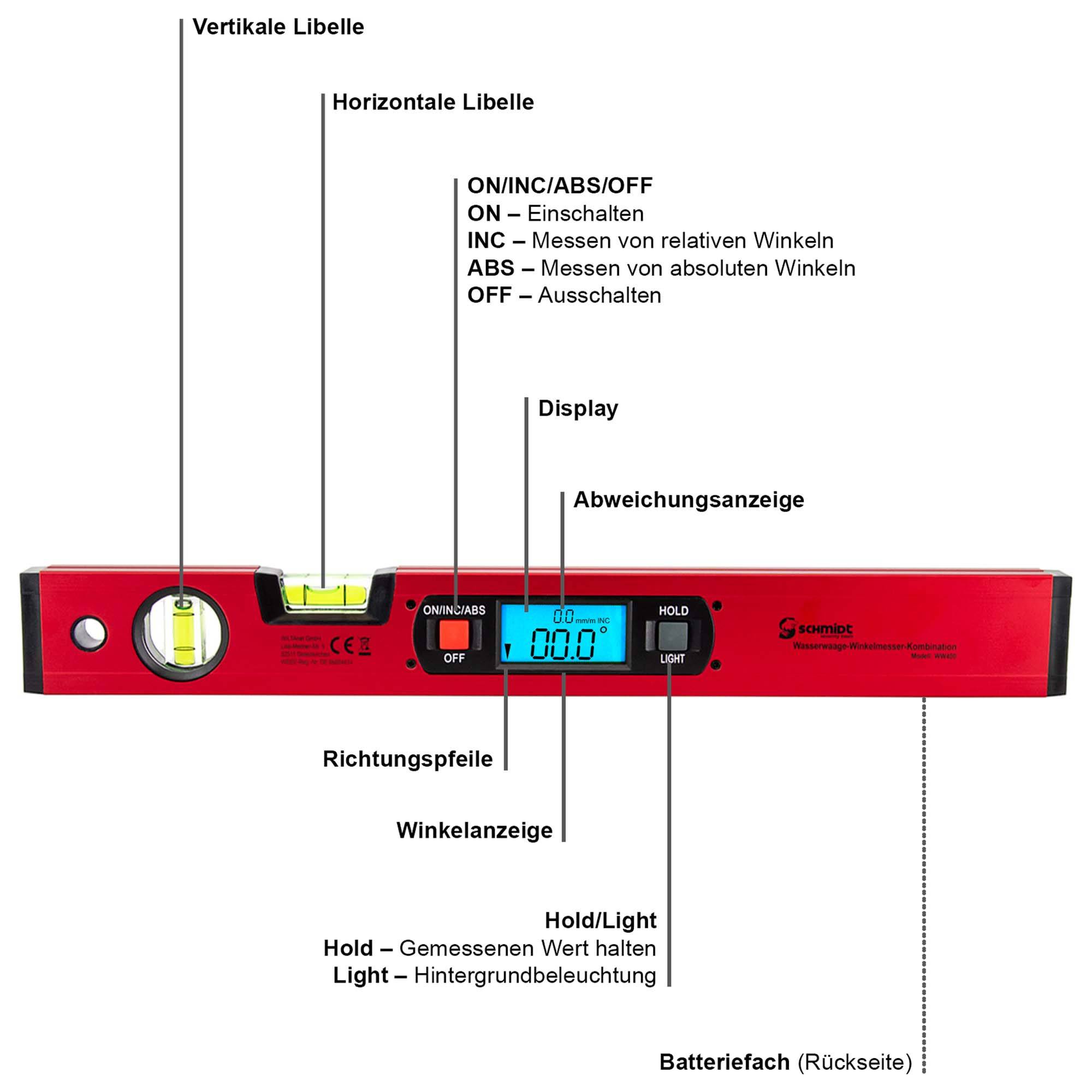 SCHMIDT security Tools Elektronik Wasserwaage Winkelmesser - Neigungsmesser - digital LCD-Anzeige - Kombimessgerät - Gradmesser-Wasserwaage - Vertik