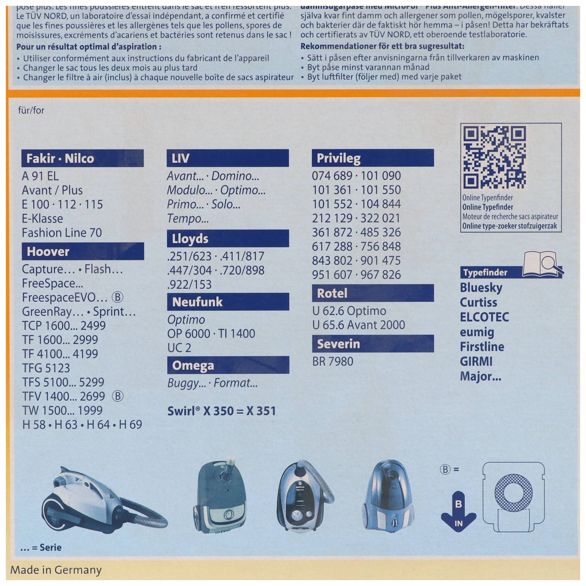 Swirl Staubsaugerbeutel X351 (X350) MicroPor Plus für Hoover und LIV Staubsauger