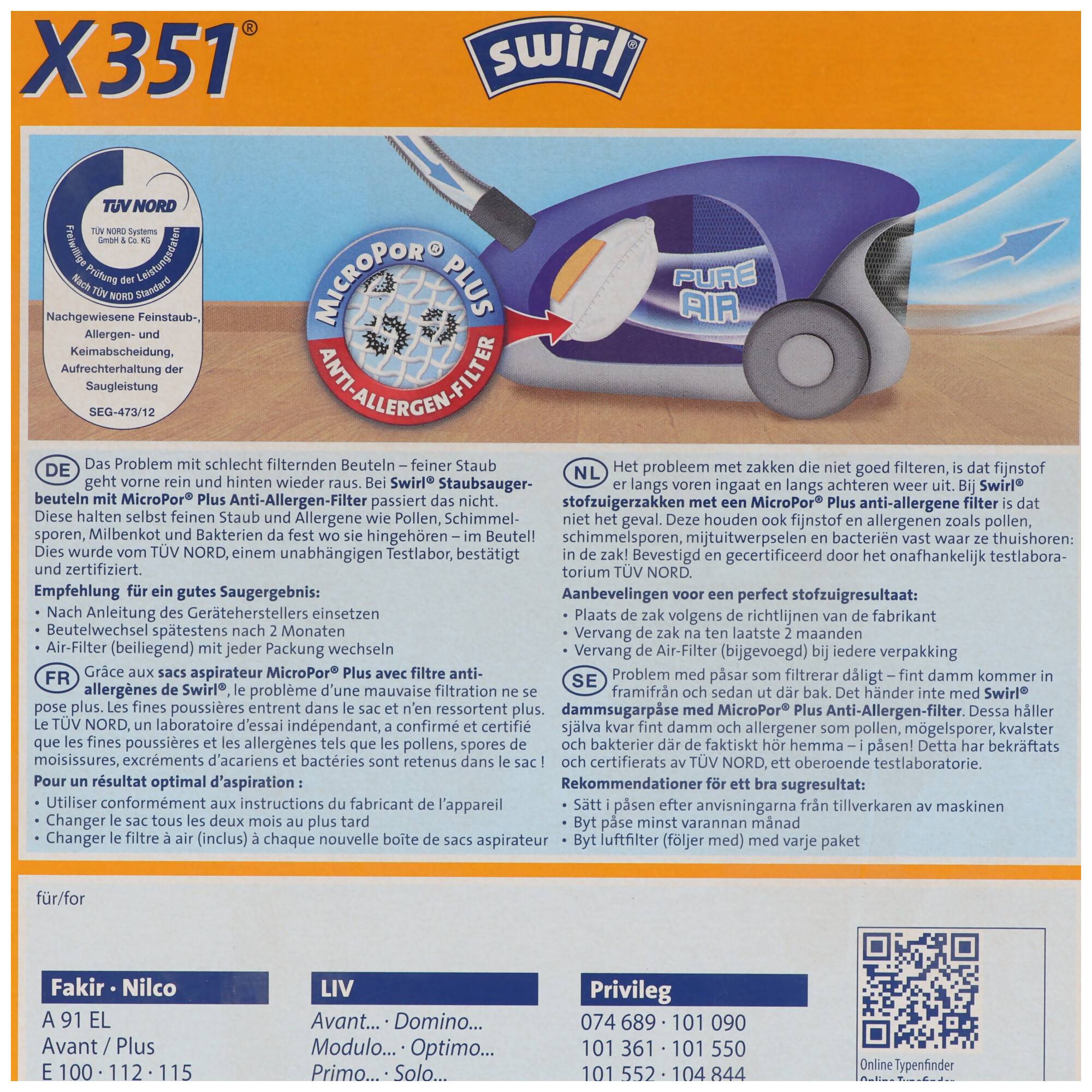 Swirl Staubsaugerbeutel X351 (X350) MicroPor Plus für Hoover und LIV Staubsauger