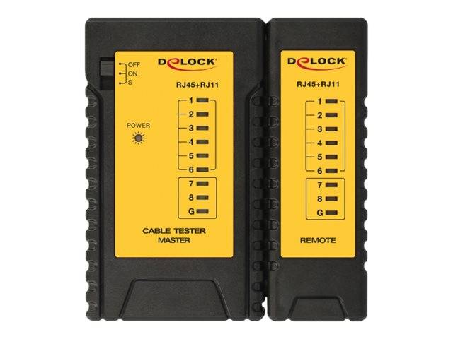 Zwei schwarz-gelbe D-Lock RJ45/RJ11-Kabeltester mit den Beschriftungen 