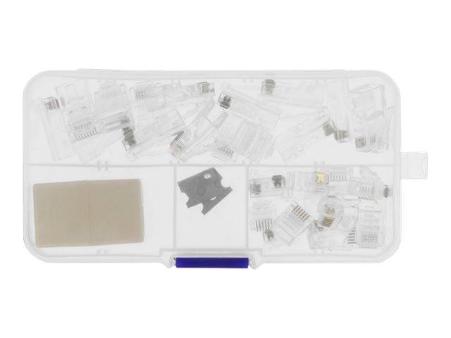Ein durchsichtiger Kunststoff-Organizerkoffer, der mehrere kleine durchsichtige Steckverbinder und einige größere Teile enthält, unterteilt in mehrere Fächer.