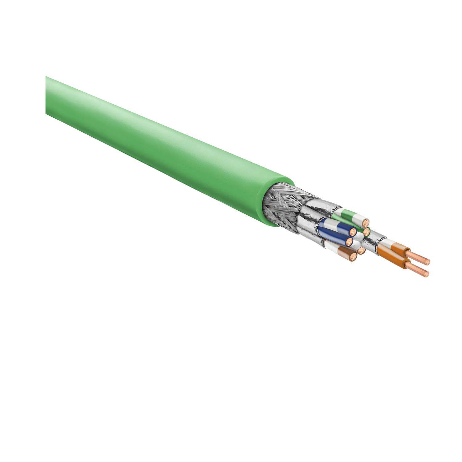 Ein grünes industrielles Ethernet-Kabel mit freiliegenden Leitern an einem Ende, das verschiedenfarbige Drähte für die Datenübertragung zeigt.