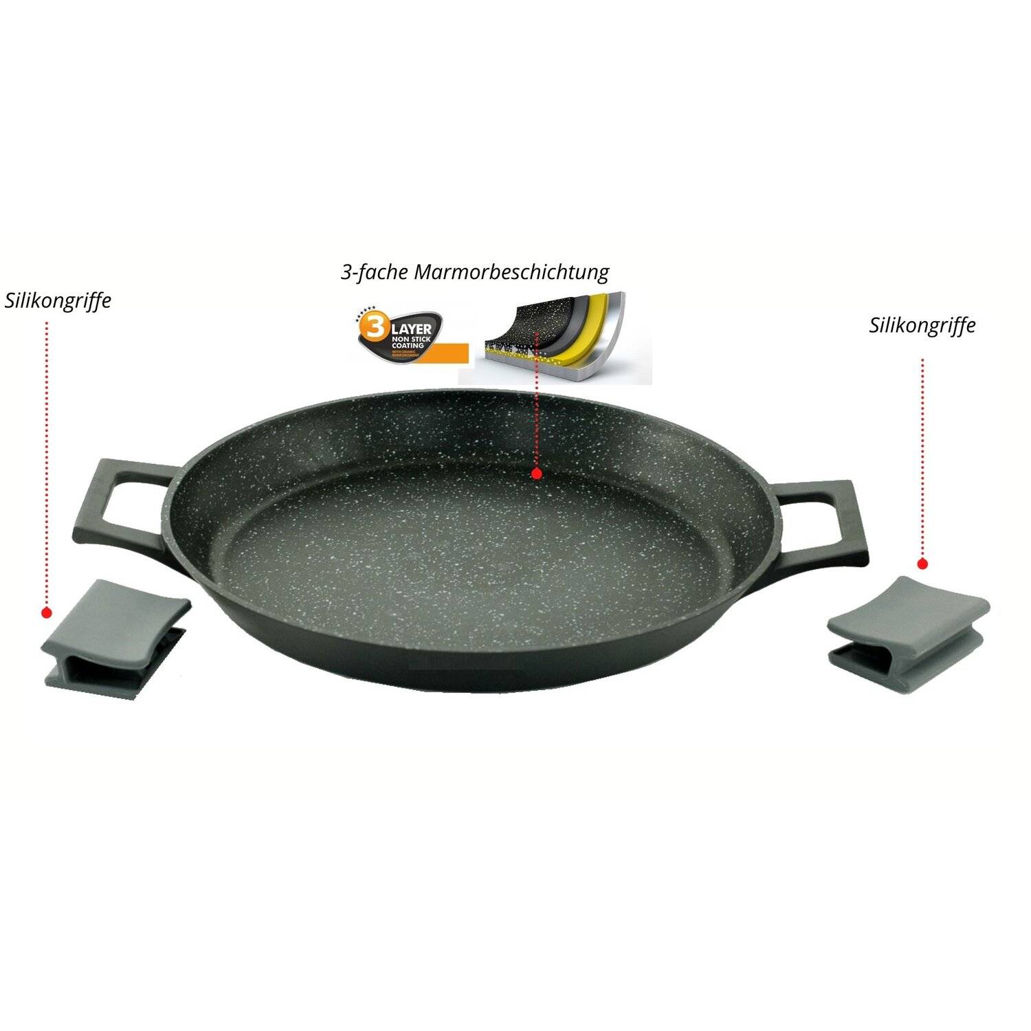 Aluguss Paellapfanne Pfanne Paella Ø36 Induktion Silikongriffe Bratpfanne Backofen Grillpfanne