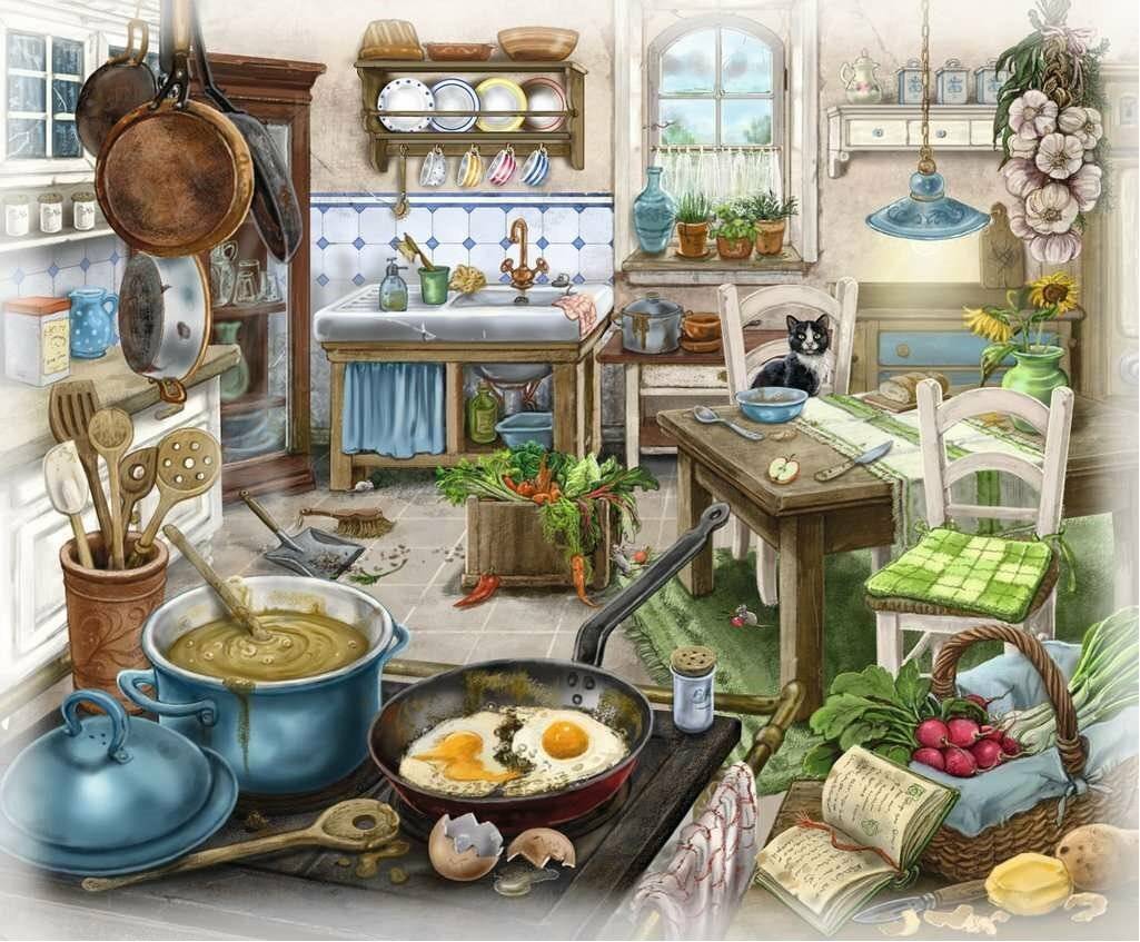 Gemütliche Landhaushküche mit Frühstück auf dem Herd, Katze bei der Spüle, Kräuter auf dem Tisch, hängenden Pfannen, Geschirr und Gartenblick durch das Fenster.