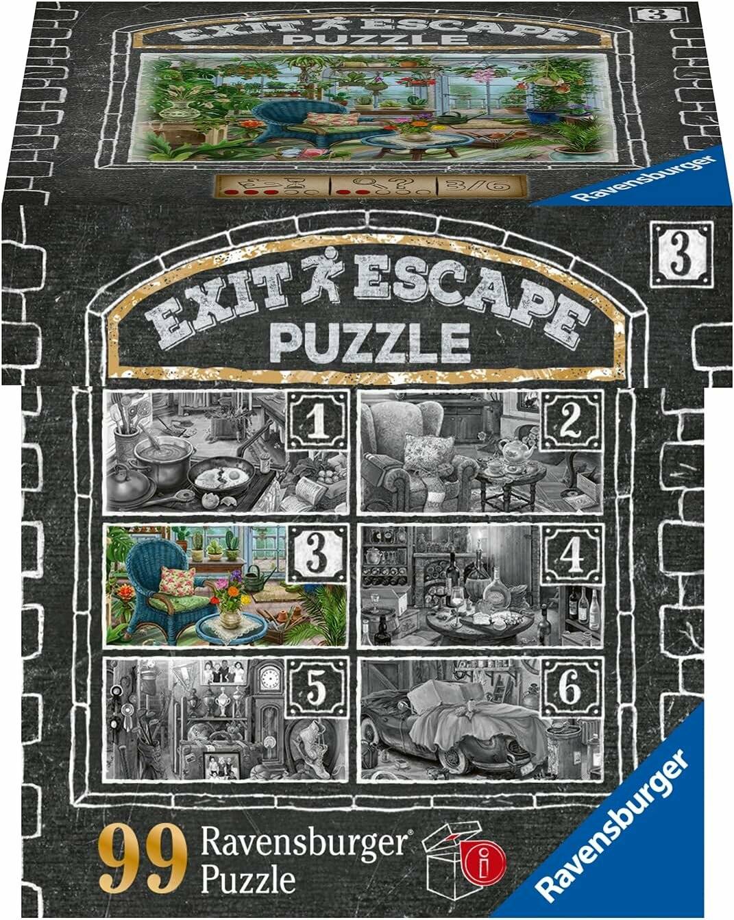 Produktbox für Ravensburger 'EXIT ESCAPE PUZZLE' mit sechs nummerierten Szenenpanels und einem 99-teiliges-Puzzle-Etikett.