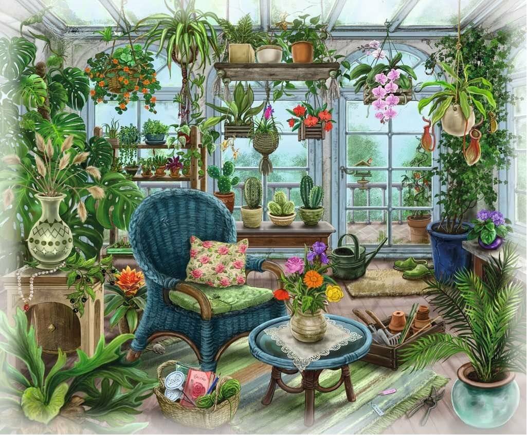 Gemütliches Gewächshausszimmer gefüllt mit vielen Topfpflanzen und hängenden Blumen, mit einem blauen Korbstuhl, kleinem Tisch mit Blumenstrauß und Gartengeräten.