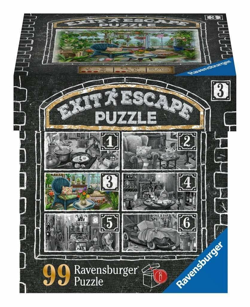 Ravensburger 'Exit Escape Puzzle' Box mit einem 99-teiligen Puzzle mit sechs nummerierten Szenentafeln und einem kleinen Gartenbild auf dem Deckel.