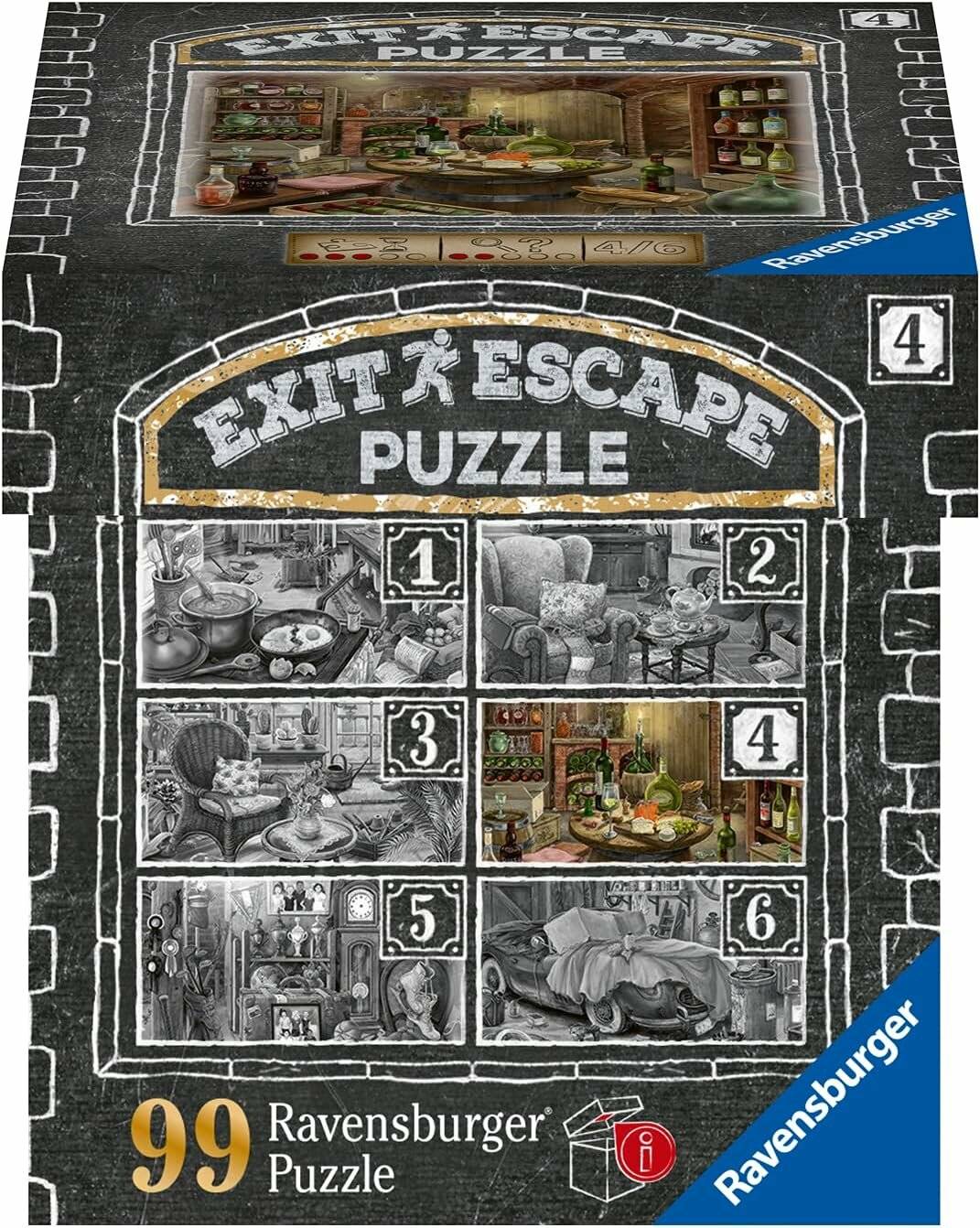 Ravensburger 'EXIT Escape Puzzle' Box mit einem 99-teiligen Puzzle, das sechs Szenenpaneele und ein fertiges Beispielbild auf der Verpackung zeigt.