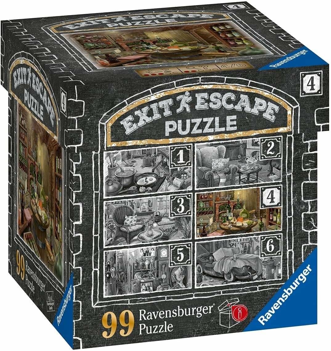 Ravensburger 'EXIT Escape Puzzle' Schachtel mit 99 Teilen, zeigt sechs kleine Puzzle-Szenen und das Produktbranding auf einer schwarzen Verpackung.
