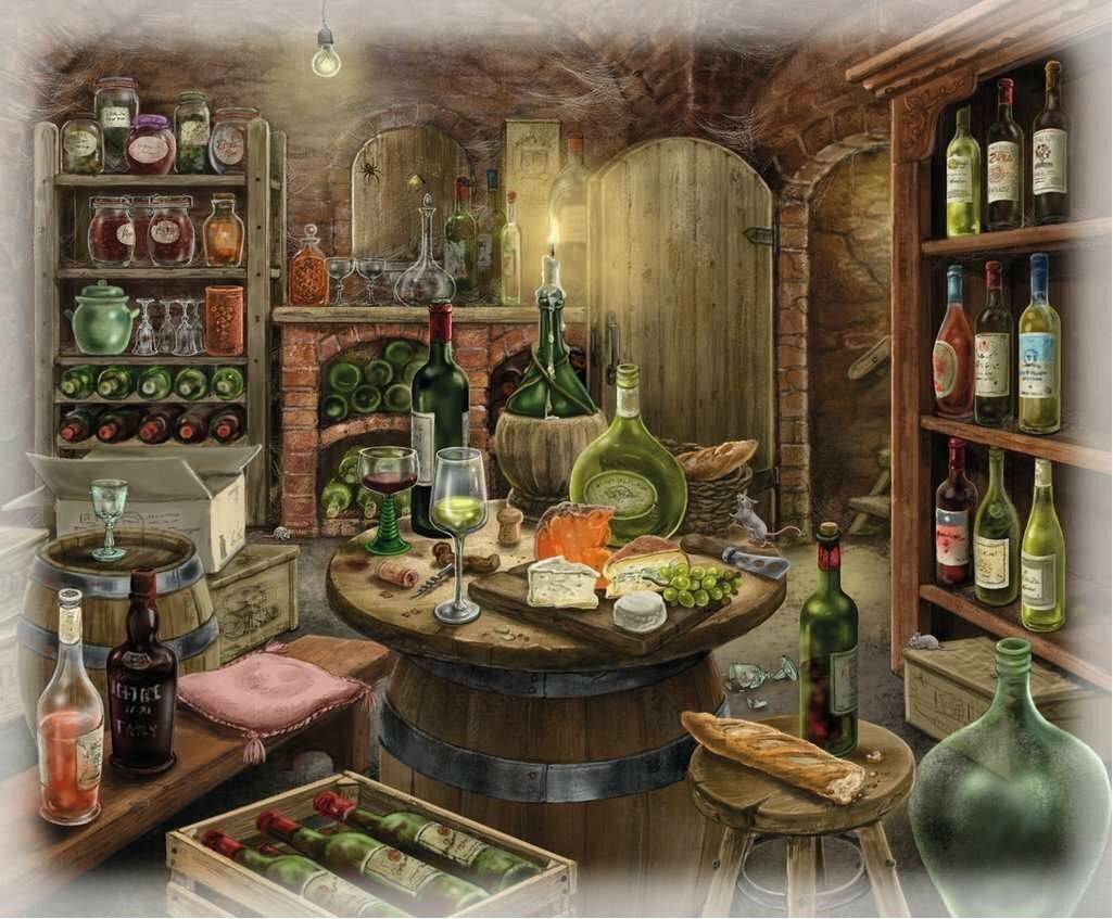 Illustriertes Weinkellerkostungsraum mit Flaschen, Gläsern, Brot, Käse, Trauben und einem kerzenleuchteten runden Tisch in einem rustikalen Steinkeller.