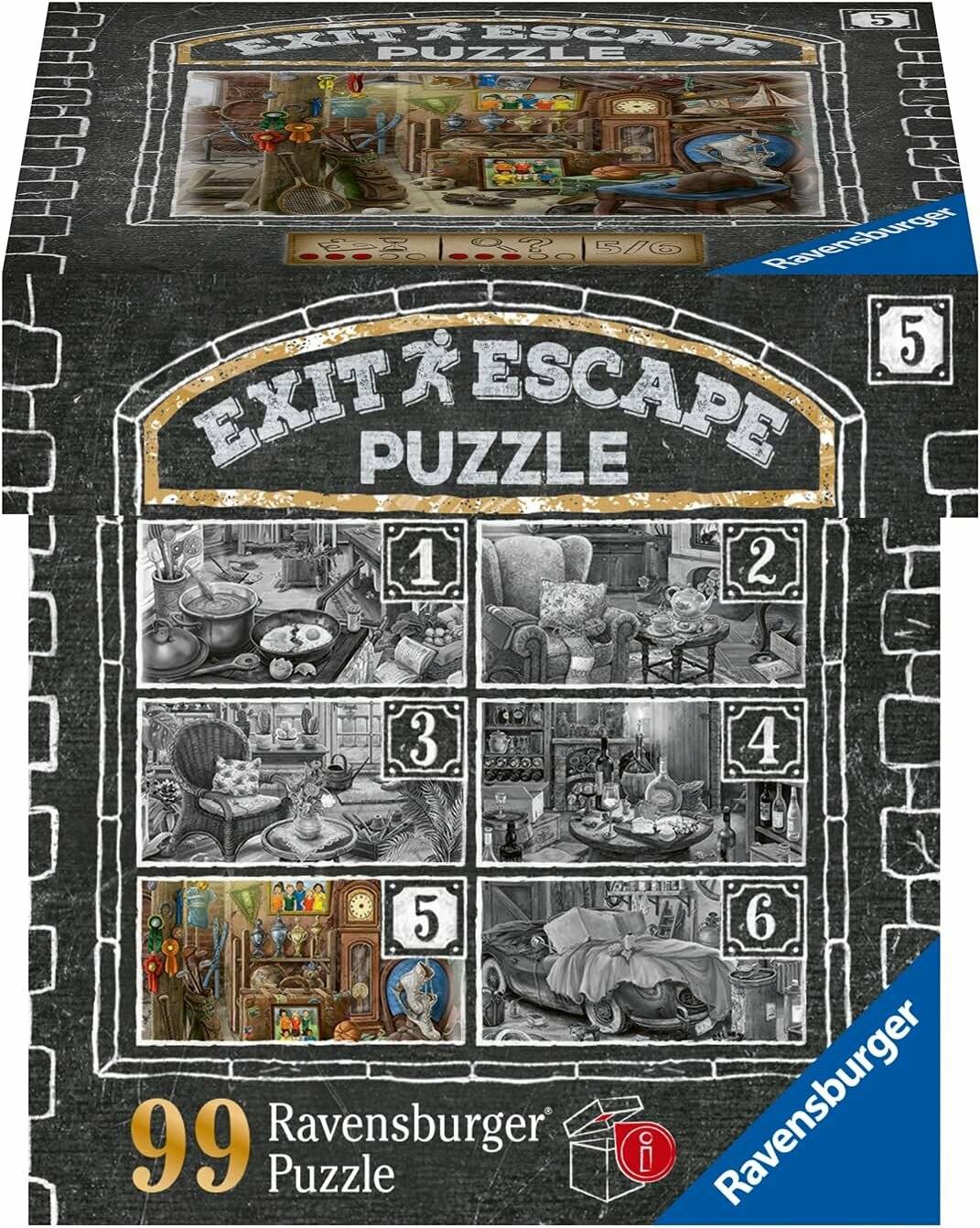 Ravensburger 'EXIT Puzzle' Schachtelabdeckung mit einem 99-teiligen Puzzle mit sechs nummerierten Szenenvorschauen und einem fertigen Puzzlebild eines gemütlichen Zimmers mit einem Mann an einem Tisch.