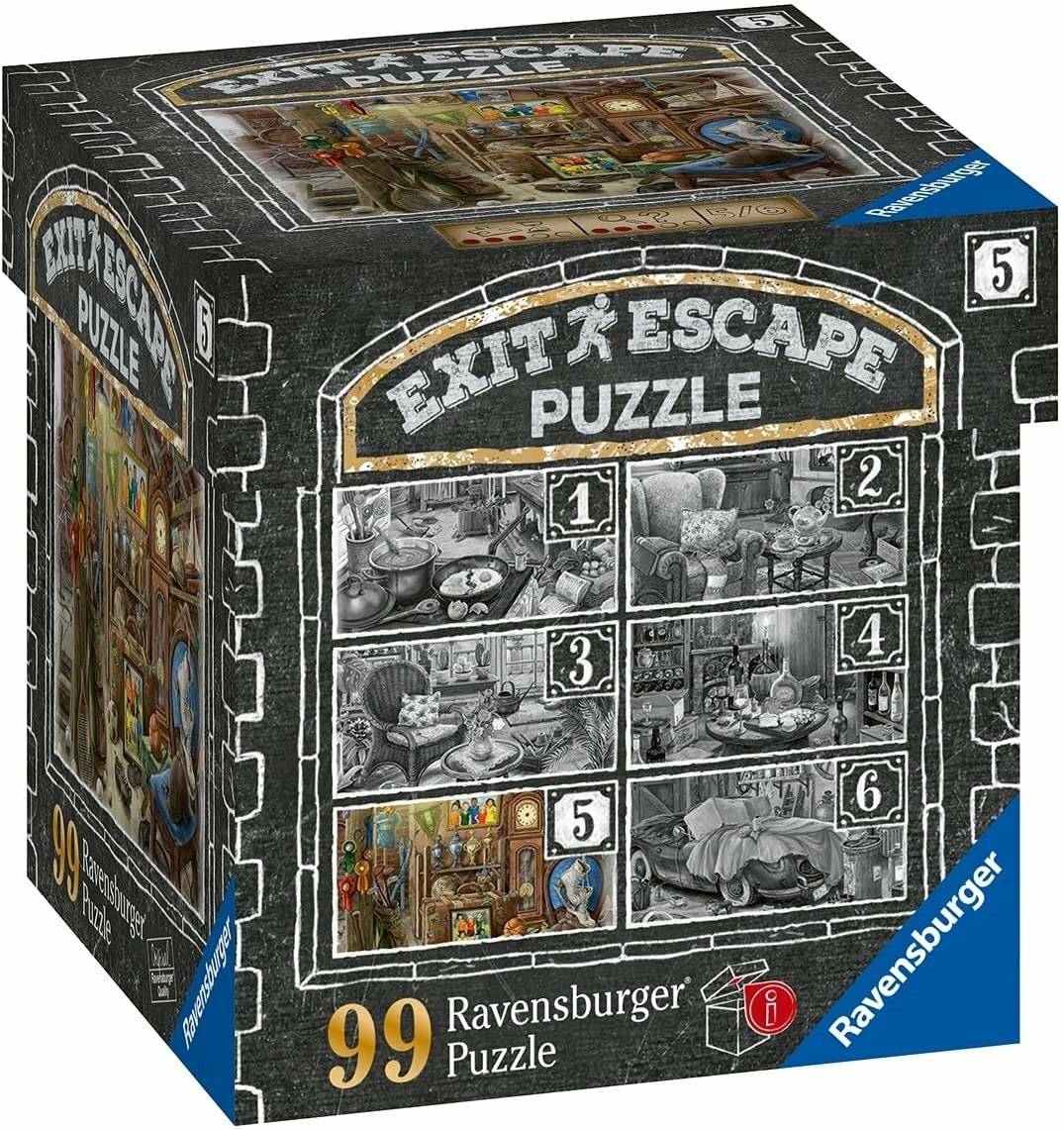 Verpackte Ravensburger 'EXIT Escape Puzzle' mit 99 Teilen, auf der Vorderseite sind sechs nummerierte Puzzle-Szenen zu sehen.