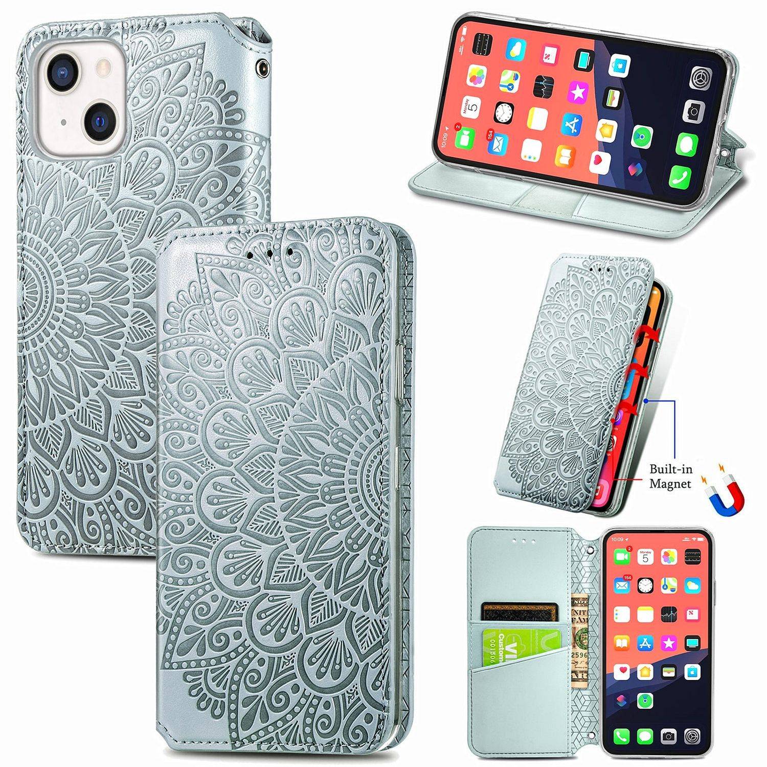 Hülle kompatibel mit Apple iPhone 13 mini Kunstleder Handyhülle - Handy Case Grau