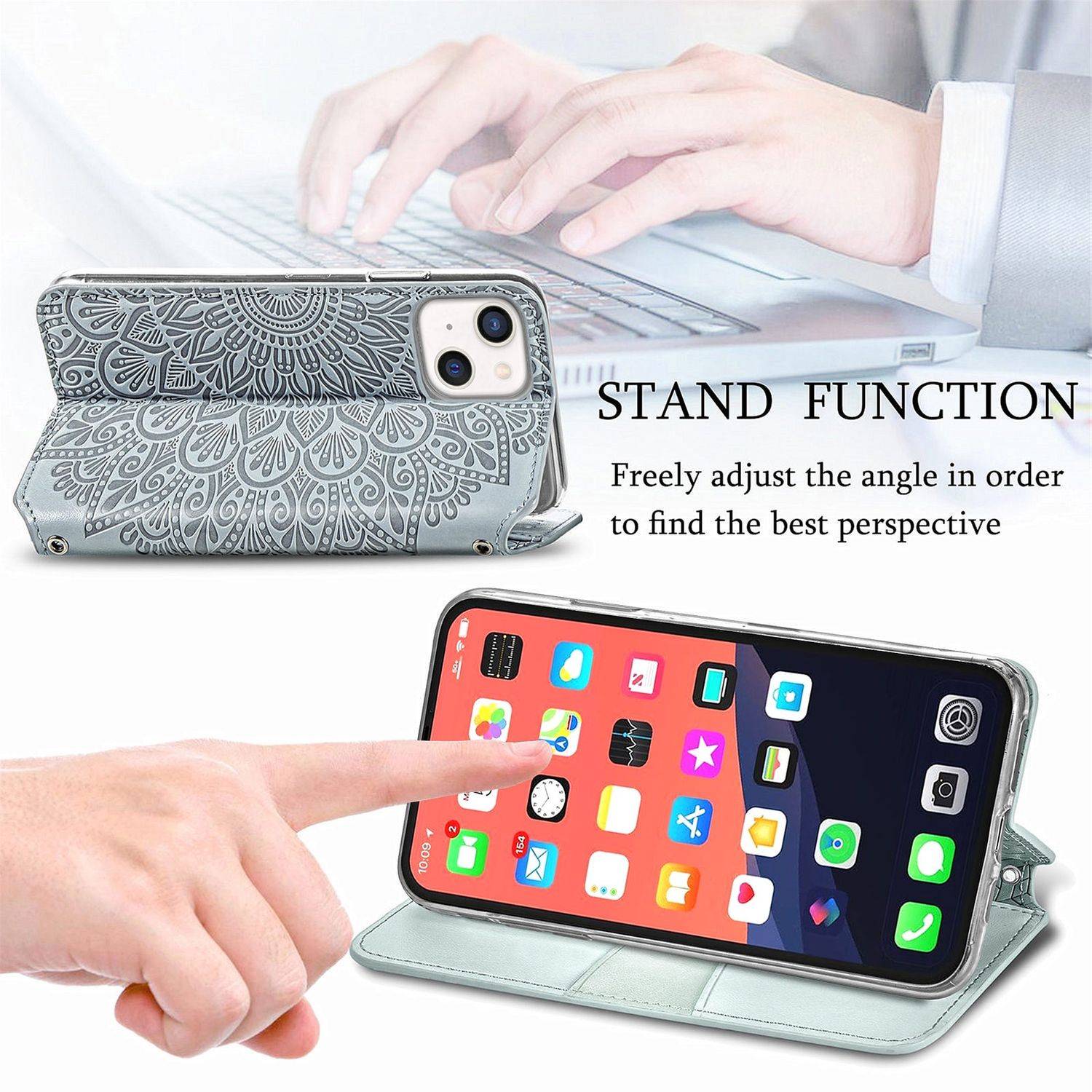 Hülle kompatibel mit Apple iPhone 13 mini Kunstleder Handyhülle - Handy Case Grau
