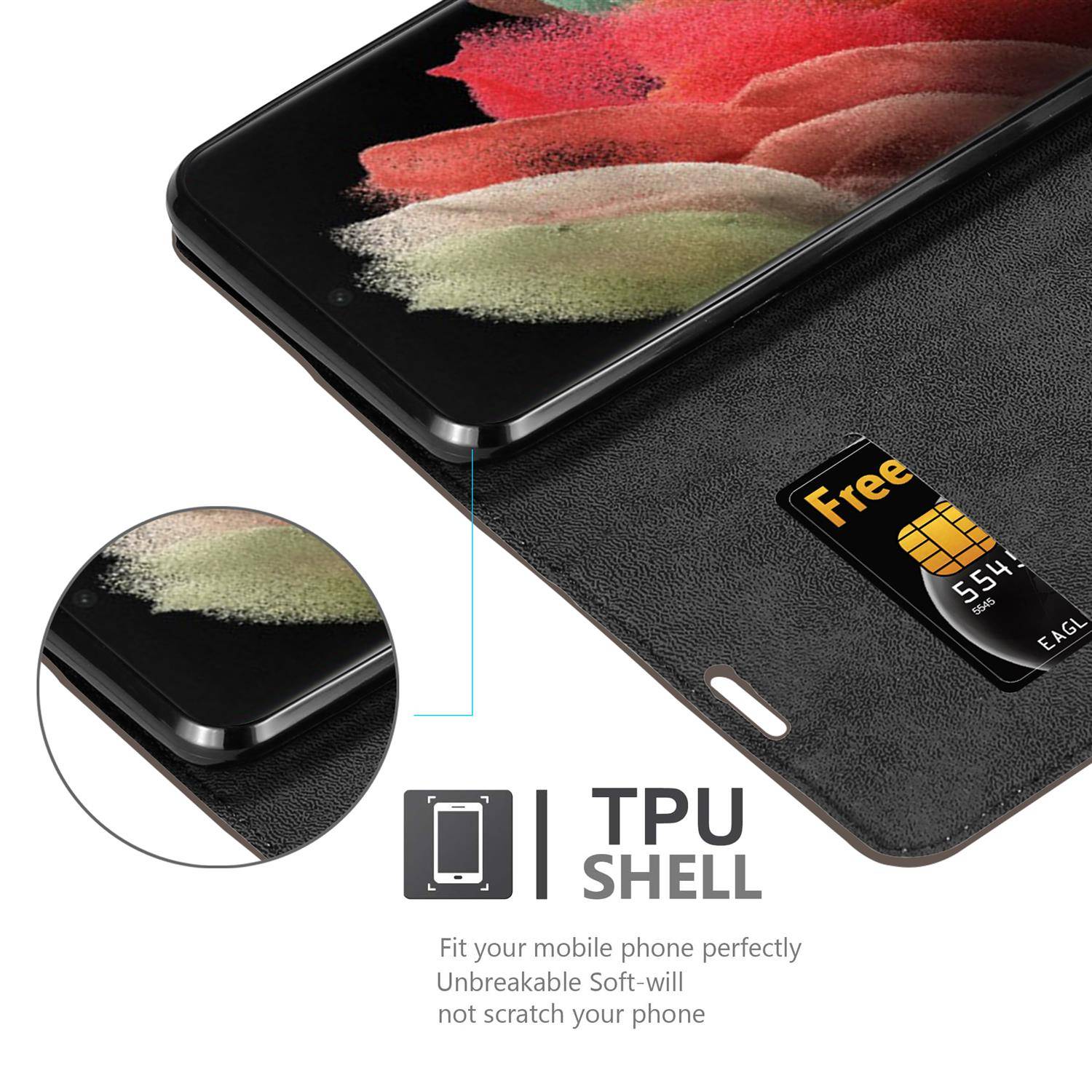 Cadorabo Hülle für Samsung Galaxy S21 ULTRA Schutz Hülle in Braun Handyhülle Etui Case Cover Magnetverschluss
