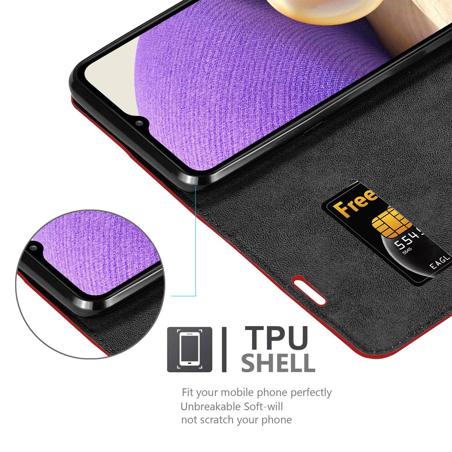 Cadorabo Hülle für Samsung Galaxy A32 5G Schutz Hülle in Rot Handyhülle Etui Case Cover Magnetverschluss