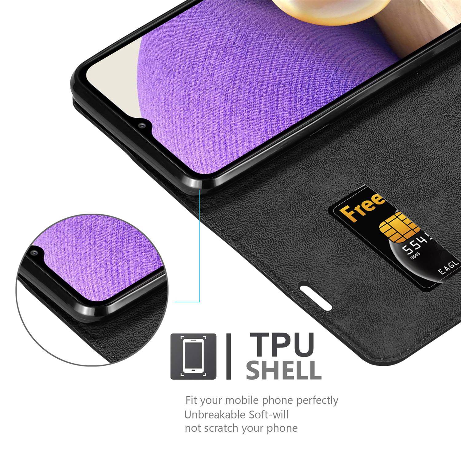 Cadorabo Hülle für Samsung Galaxy A32 5G Schutz Hülle in Schwarz Handyhülle Etui Case Cover Magnetverschluss