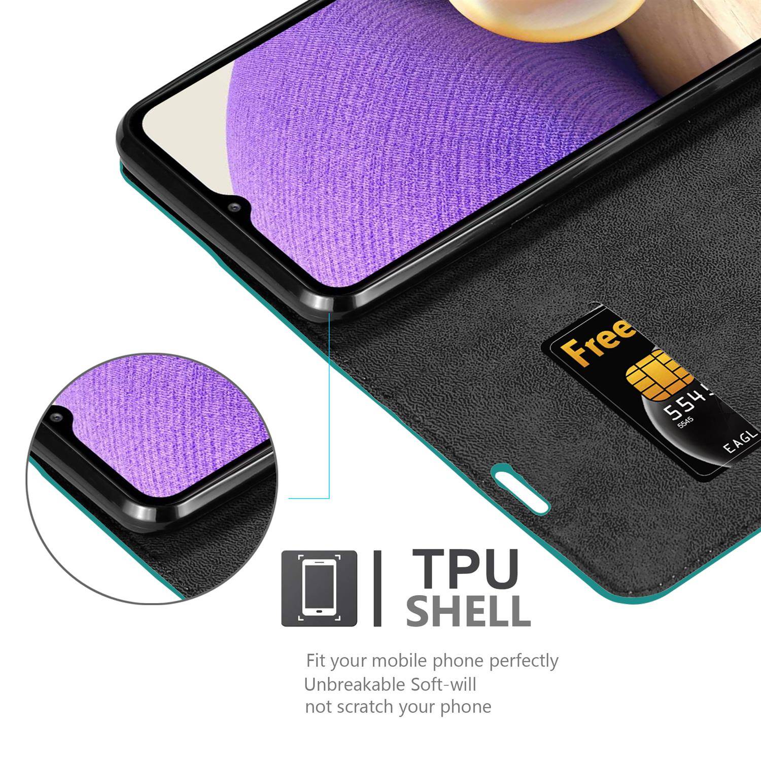 Cadorabo Hülle für Samsung Galaxy A32 5G Schutz Hülle in Türkis Handyhülle Etui Case Cover Magnetverschluss