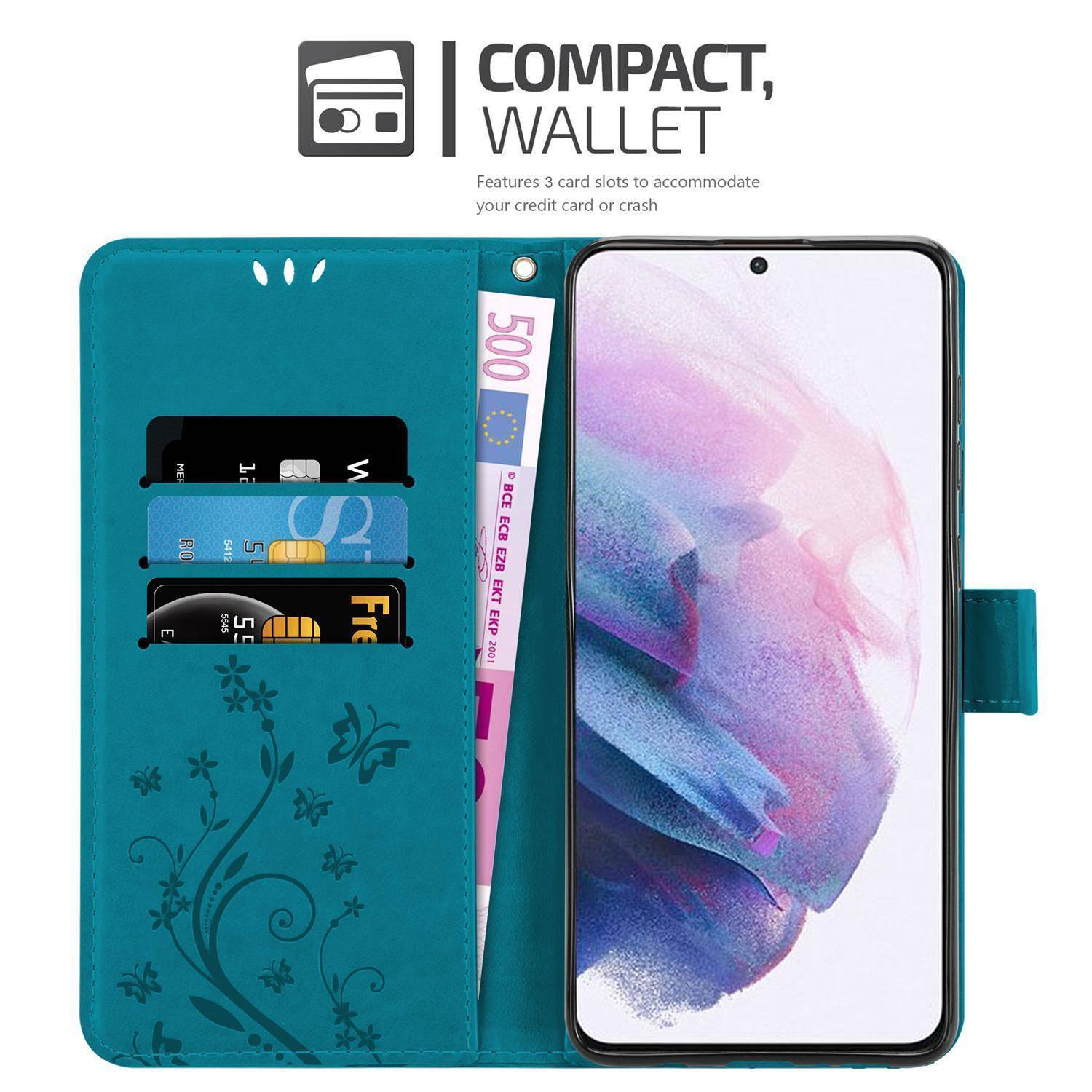 Cadorabo Hülle für Samsung Galaxy S21 5G Schutz Hülle in Blau Schutzhülle Handy Hülle Etui Case Blumen Flower