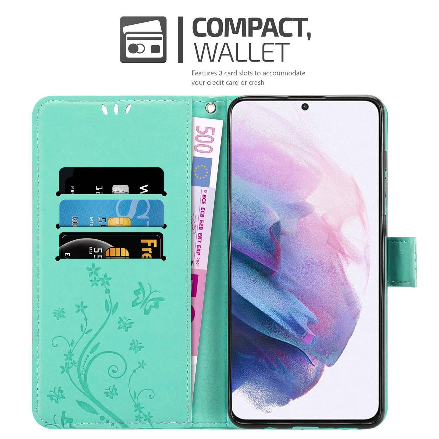 Cadorabo Hülle für Samsung Galaxy S21 5G Schutz Hülle in Türkis Schutzhülle Handy Hülle Etui Case Blumen Flower