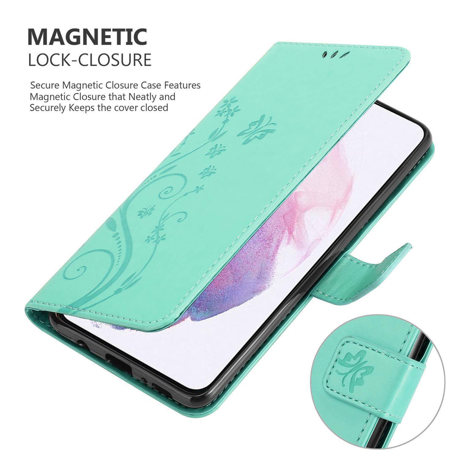 Cadorabo Hülle für Samsung Galaxy S21 5G Schutz Hülle in Türkis Schutzhülle Handy Hülle Etui Case Blumen Flower
