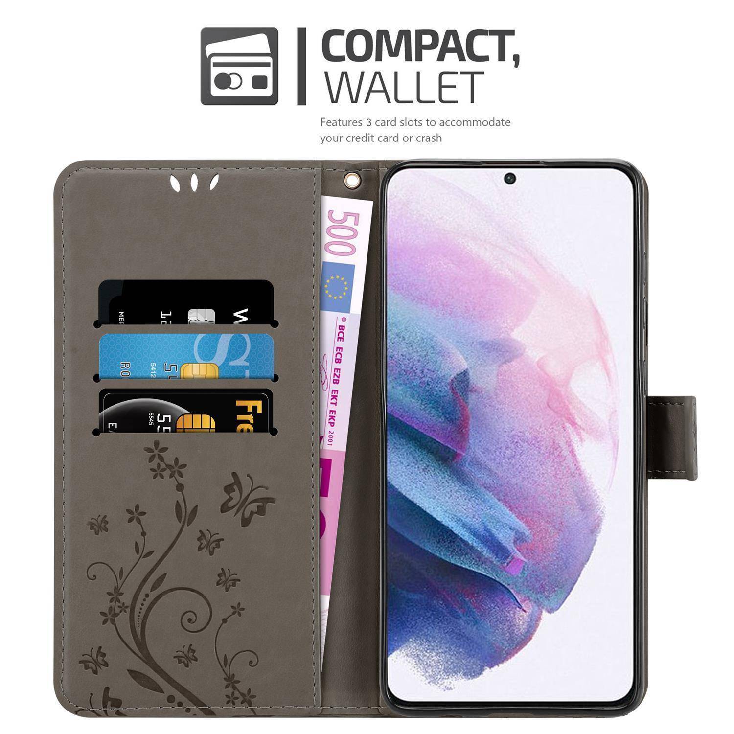 Cadorabo Hülle für Samsung Galaxy S21 PLUS Schutz Hülle in Grau Schutzhülle Handy Hülle Etui Case Blumen Flower