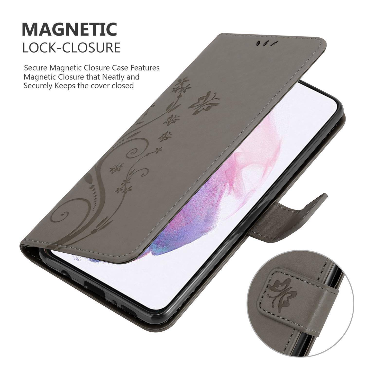 Cadorabo Hülle für Samsung Galaxy S21 PLUS Schutz Hülle in Grau Schutzhülle Handy Hülle Etui Case Blumen Flower