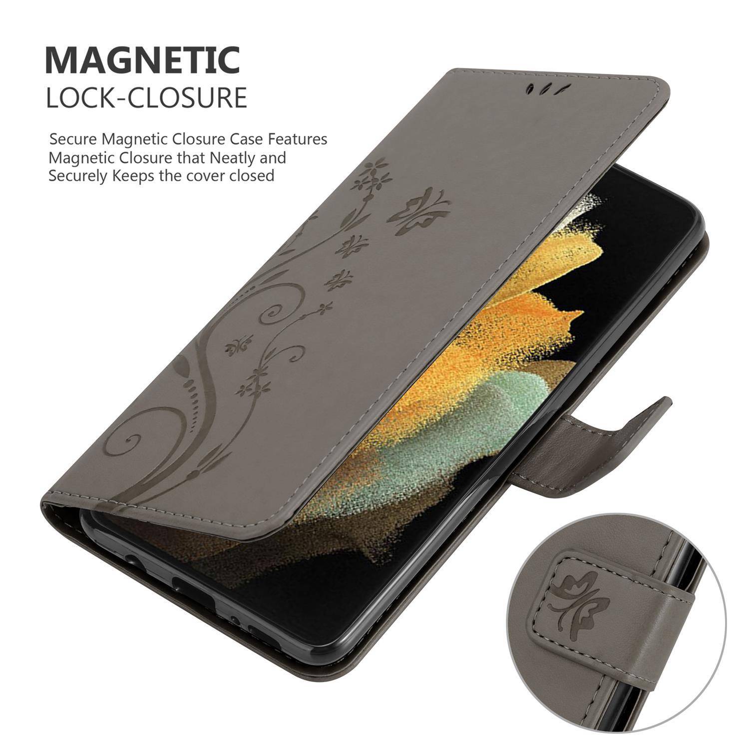 Cadorabo Hülle für Samsung Galaxy S21 ULTRA Schutz Hülle in Grau Schutzhülle Handy Hülle Etui Case Blumen Flower