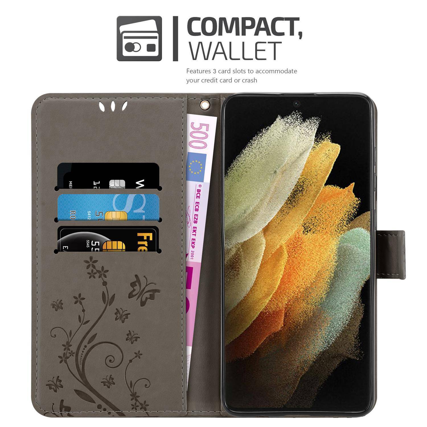 Cadorabo Hülle für Samsung Galaxy S21 ULTRA Schutz Hülle in Grau Schutzhülle Handy Hülle Etui Case Blumen Flower