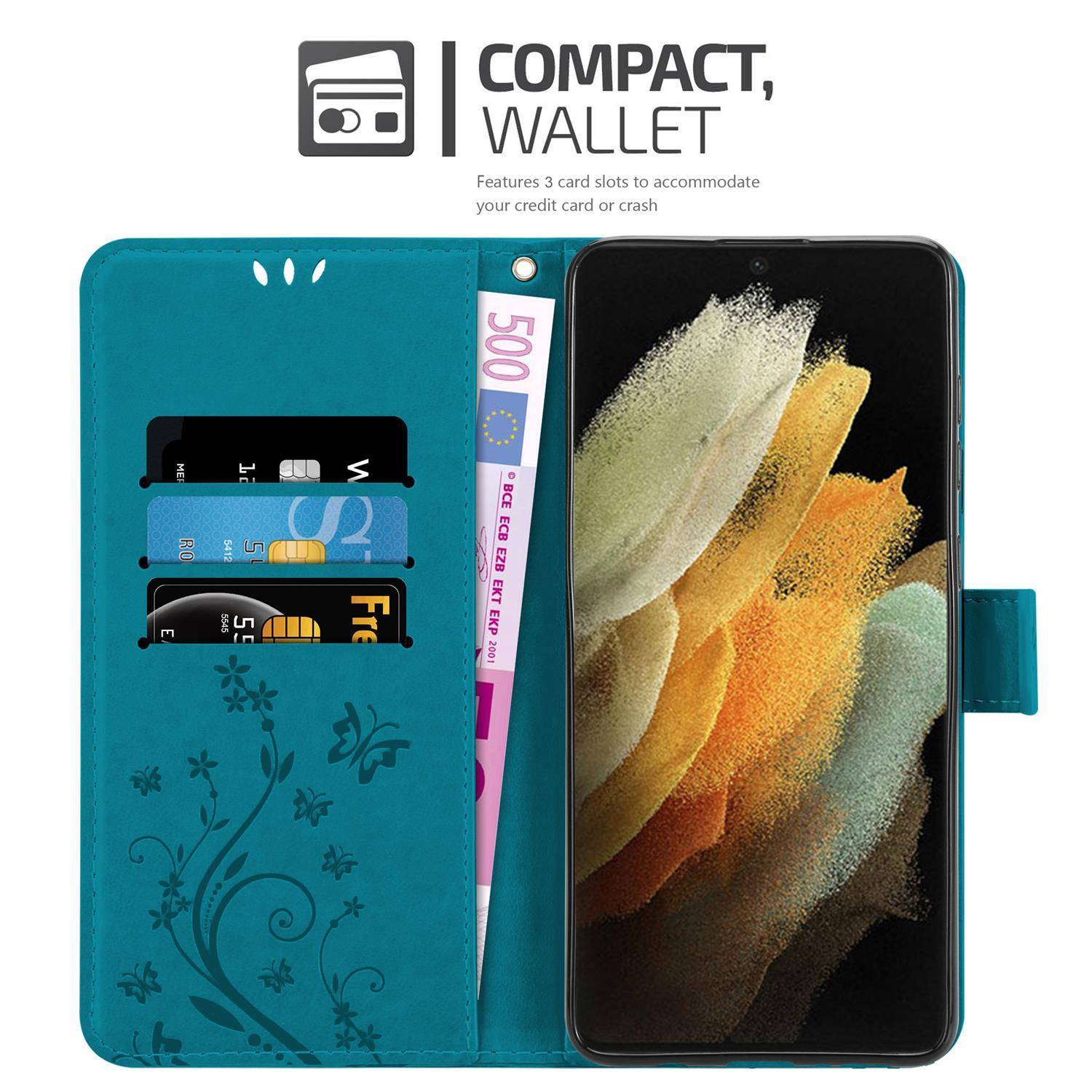 Cadorabo Hülle für Samsung Galaxy S21 ULTRA Schutz Hülle in Blau Schutzhülle Handy Hülle Etui Case Blumen Flower