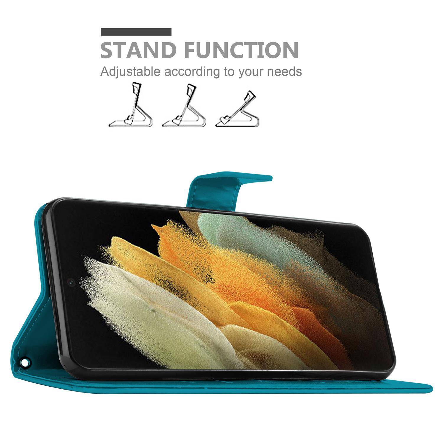 Cadorabo Hülle für Samsung Galaxy S21 ULTRA Schutz Hülle in Blau Schutzhülle Handy Hülle Etui Case Blumen Flower