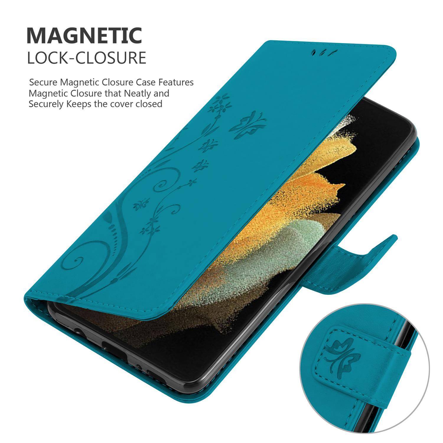 Cadorabo Hülle für Samsung Galaxy S21 ULTRA Schutz Hülle in Blau Schutzhülle Handy Hülle Etui Case Blumen Flower